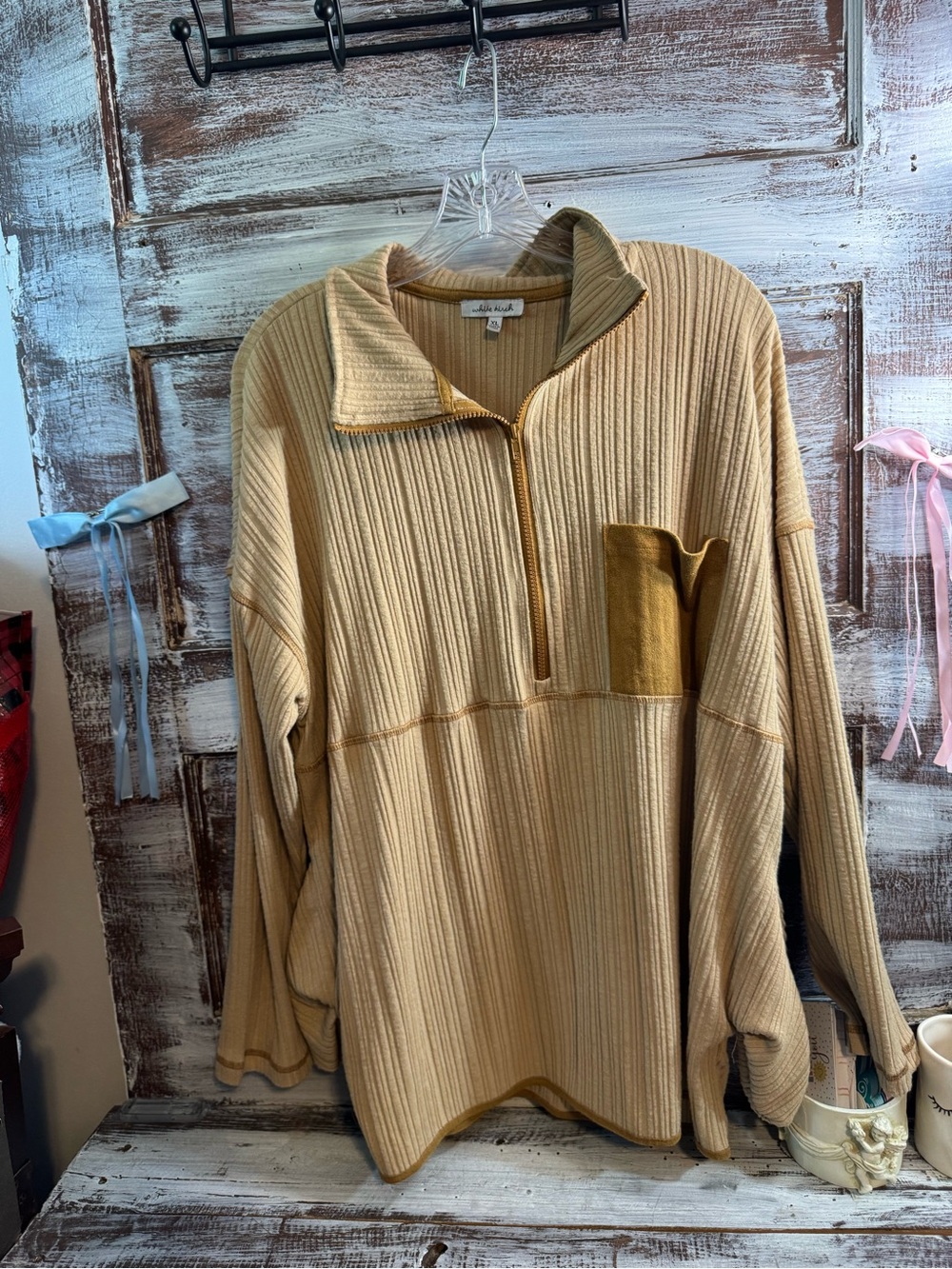 white birch Ribbed Quarter-Zip Pullover in Beige with Brown Pocket